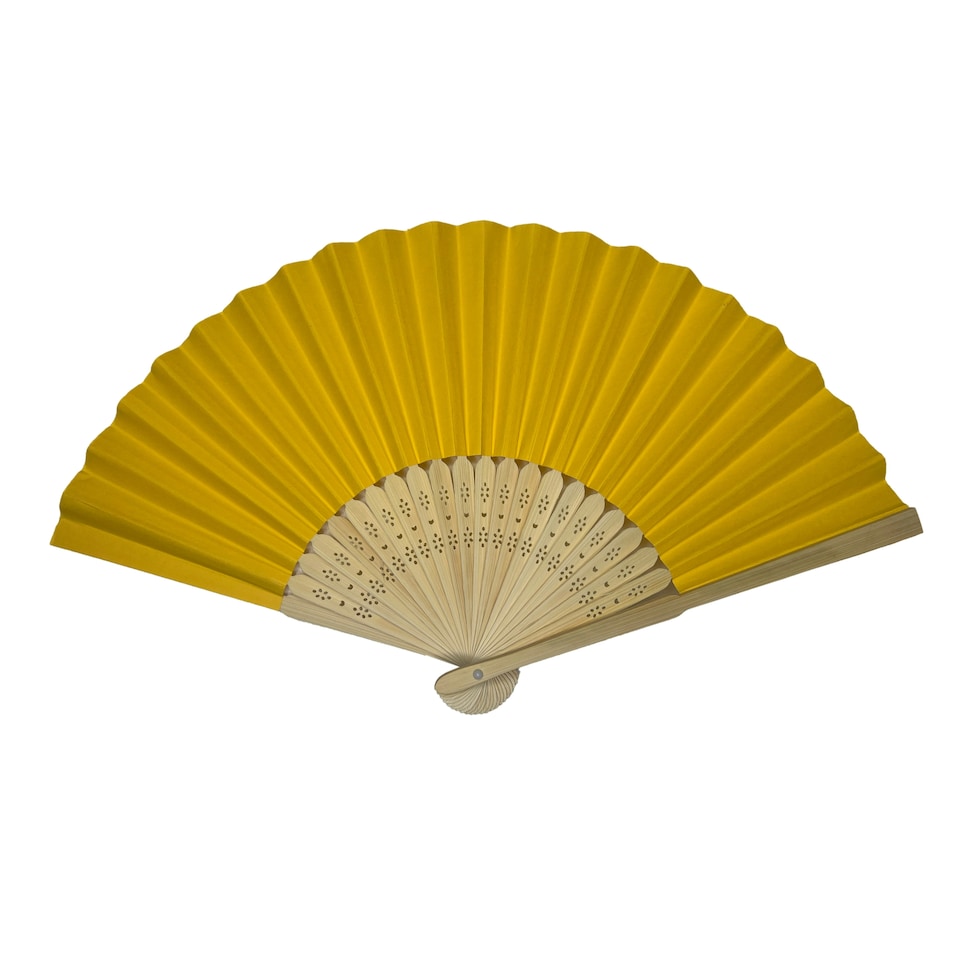 image 1 of Dark Yellow Paper Foldable Hand Held Bamboo Wooden Fan by Parev