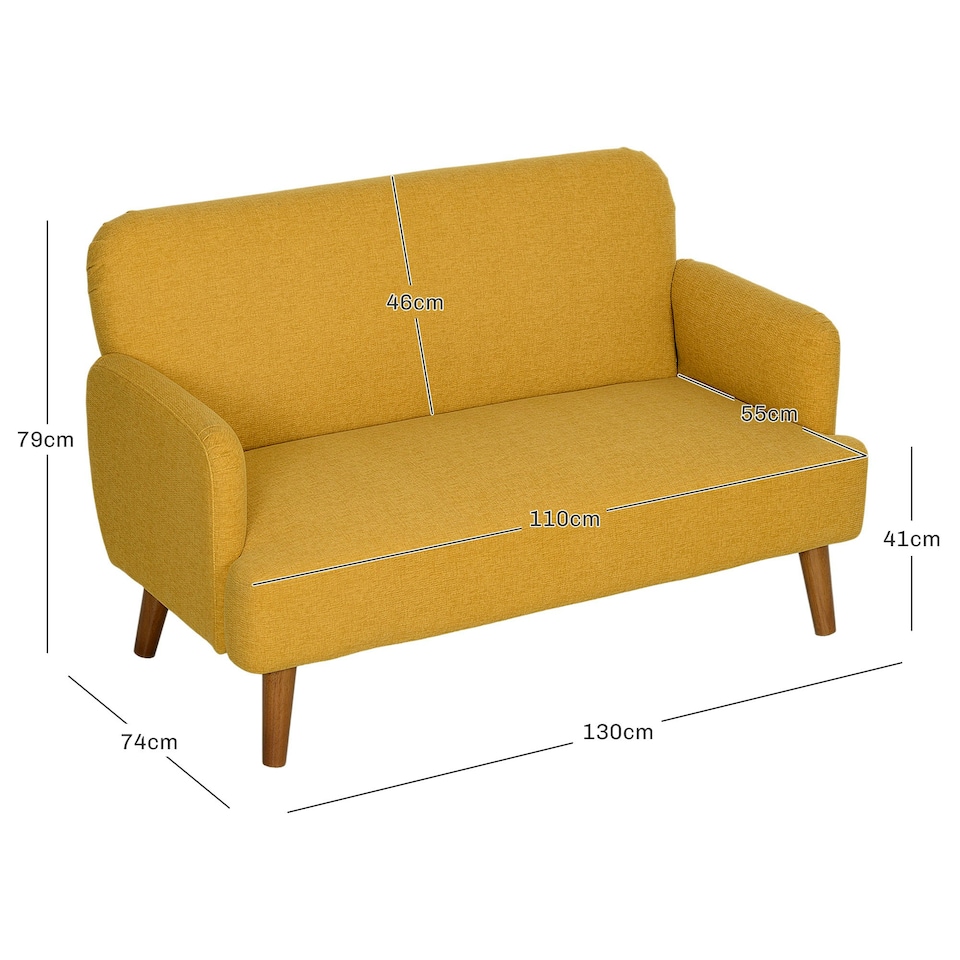image 1 of HOMCOM 2 Seater Sofa with 21cm Thick Padding and Wood Legs, Yellow