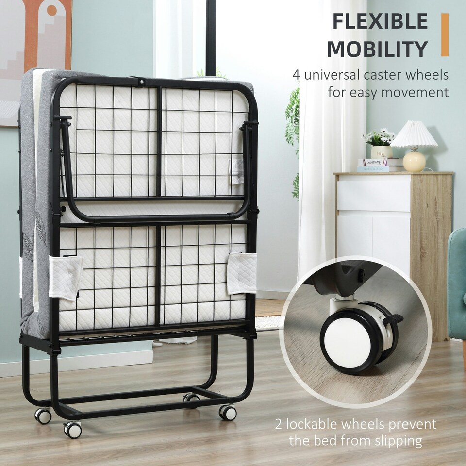 image 1 of HOMCOM Folding Bed with 10cm Mattress, Portable Foldable Guest Bed with Wheels