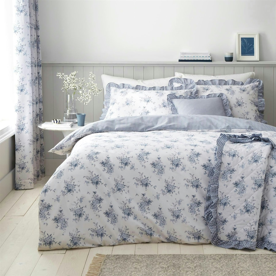 image 1 of Catherine Lansfield Lucie Floral Frill Blue Bedspread | Multi