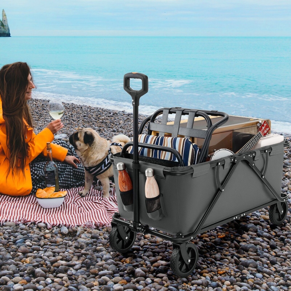 image 1 of COSTWAY Collapsible Foldable Wagon Heavy-Duty Wagon Cart w/ Adjustable Handlebar