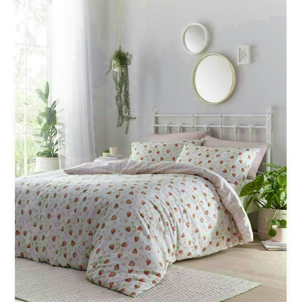 image 1 of Portfolio Home Strawberry Fields Floral Check Bedding Duvet Cover Set | Pink | Super King