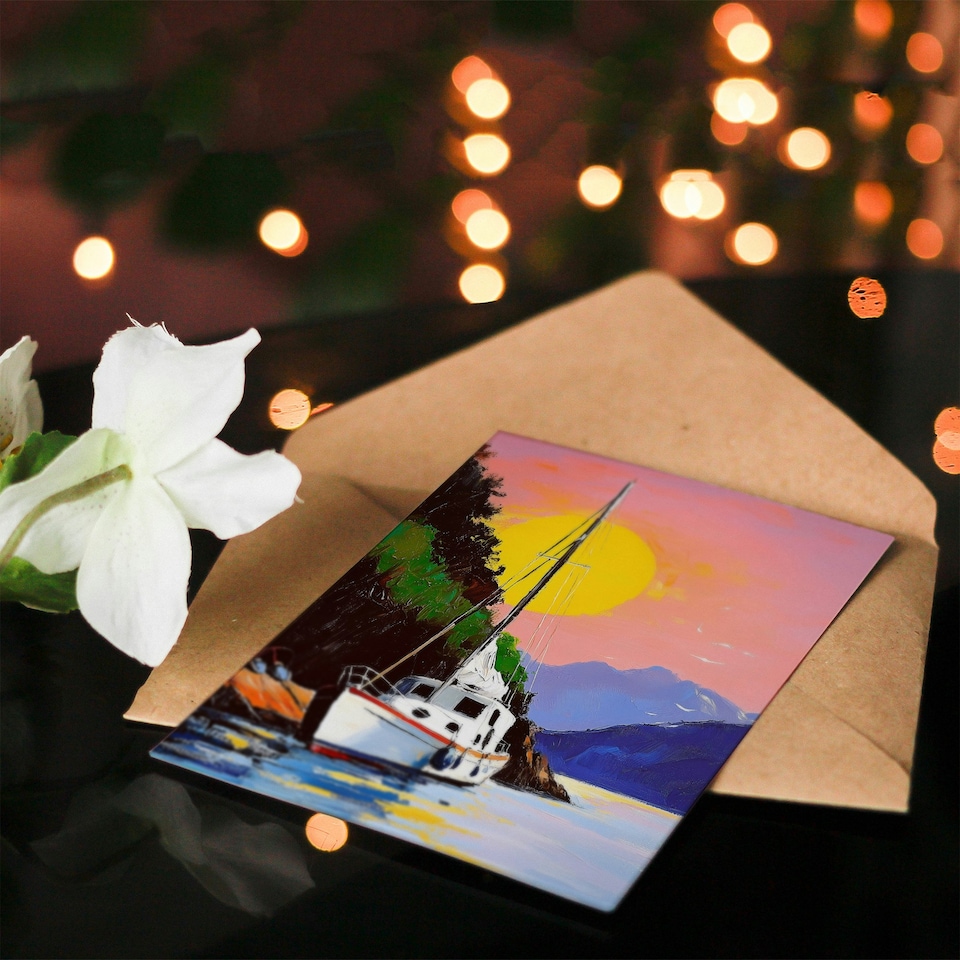 image 1 of Harbour Sunset Docked Sailboat Coastal Landscape Bon Voyage Greeting Card