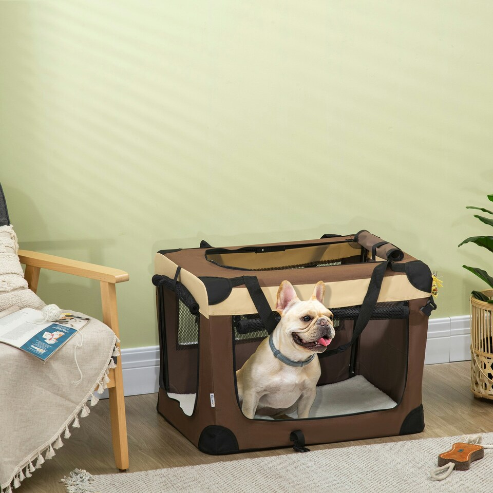 image 1 of PawHut 70cm Foldable Pet Carrier Bag Soft Travel Dog Crate for Small Dogs Brown