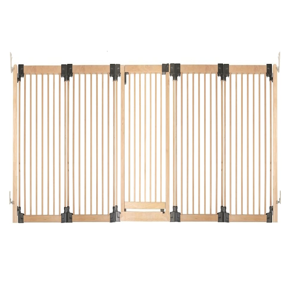 image 1 of Safetots Wooden Multi Panel Room Divider, up to 336cm, Natural Wood, 76cm Tall, Multi Panel Flexible Room Barrier, Room Divider with Door for Baby Cream | Natural