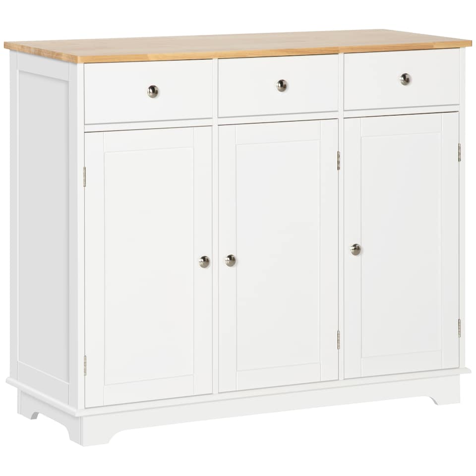 image 1 of HOMCOM Sideboard with Rubber Wood Top, Modern Storage Cabinet, Kitchen Cupboard with 3 Doors, 3 Drawers and 3 Adjustable Shelves for Dining Room, Living Room, White | White | White