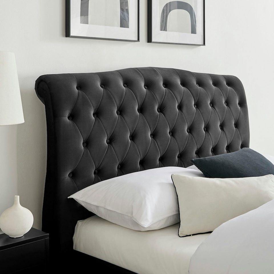 image 1 of 4ft6 Double Fabric upholstered, Black,buttoned back,curved bed frame,bedstead