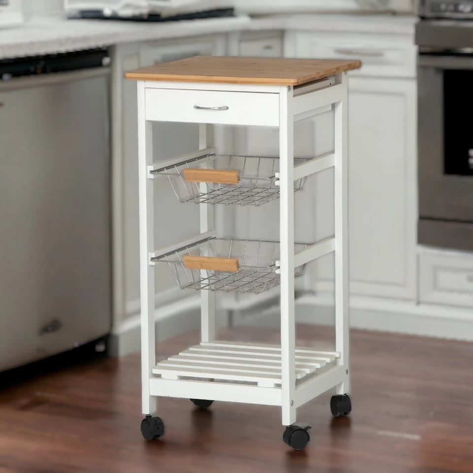 image 1 of 3 Tier Portable Oasis Bamboo Top MDF Kitchen Trolley Drawer Shelf Cart on Wheels | White | White