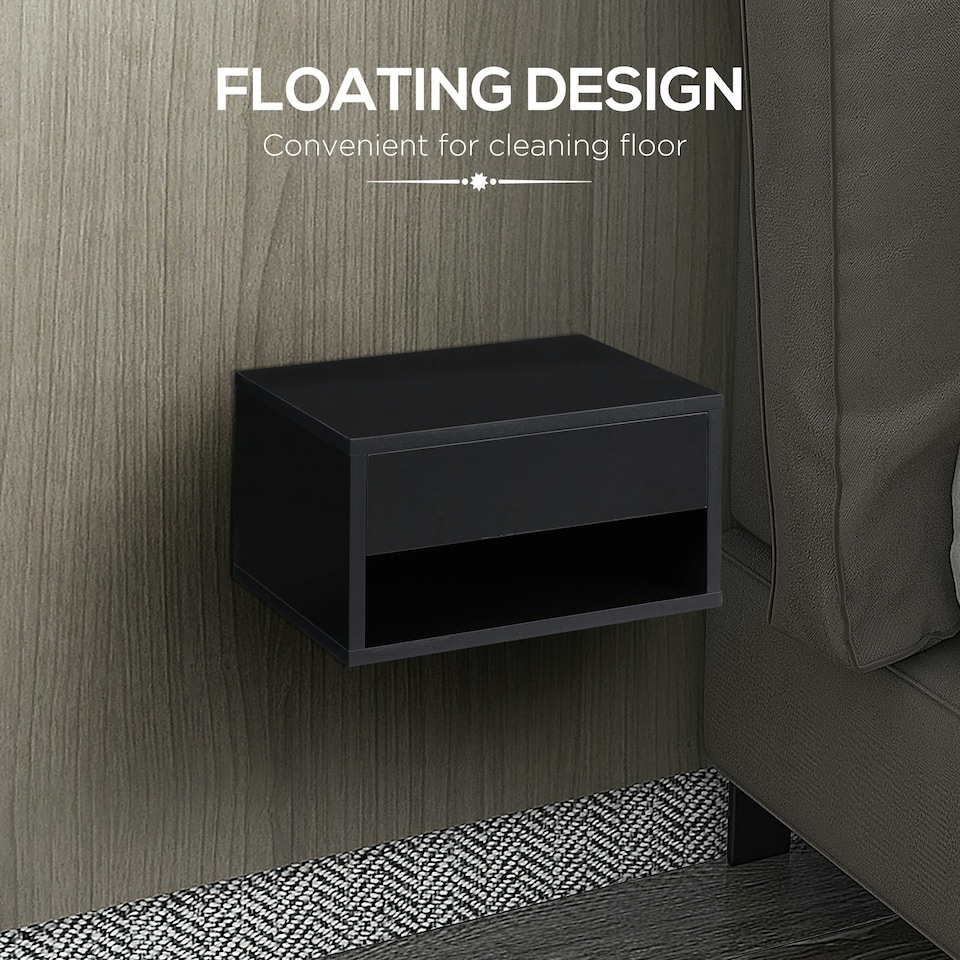 image 1 of HOMCOM Floating Bedside Table Set of 2 Wall Mounted Nightstand W/ Drawer Black