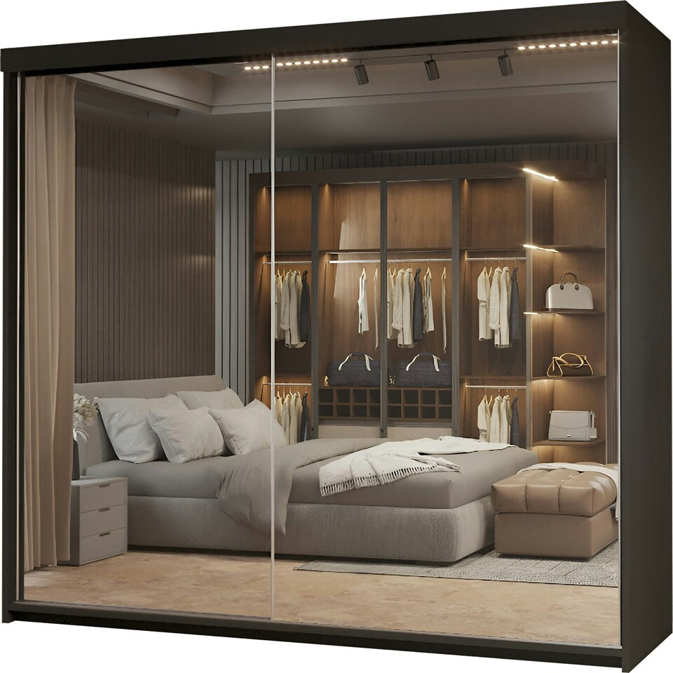 image 1 of Modern Full Mirror 200cm Sliding Door Wardrobe Available in White or Black | Bedroom Storage with Drawers & Hanging Rails Black | 200cm