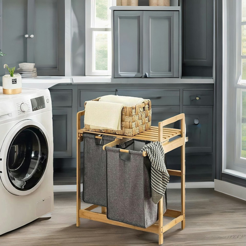 image 1 of Wooden Grey Pull Out Double Laundry Basket With Shelf Brown