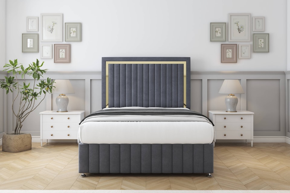 image 1 of Sloomy Boston Gold Steel Plush Divan Bed Base 2 Drawers Foot-End With 54 Inch Floor Standing Headboard & 12 Inch Matching Footboard | Grey | Steel | Super King | 1