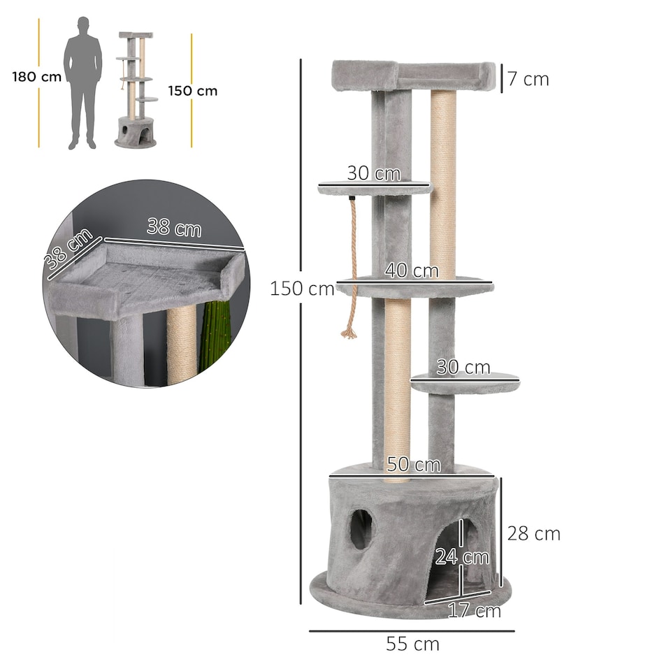 image 1 of PawHut Multi-level Cat Tree Tower with Condo Scratching Post, 150cm, Grey