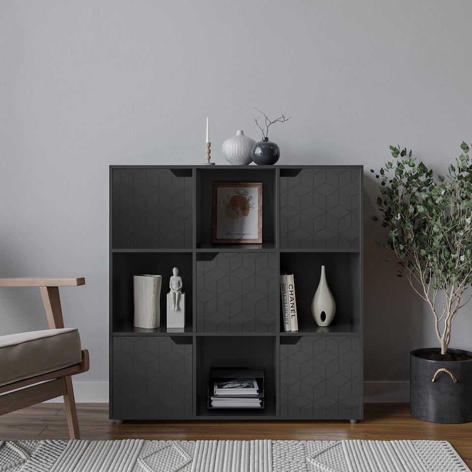 image 1 of 9-Cube Shelving Unit With Geo Doors - Square | Black | Black & Black | 1