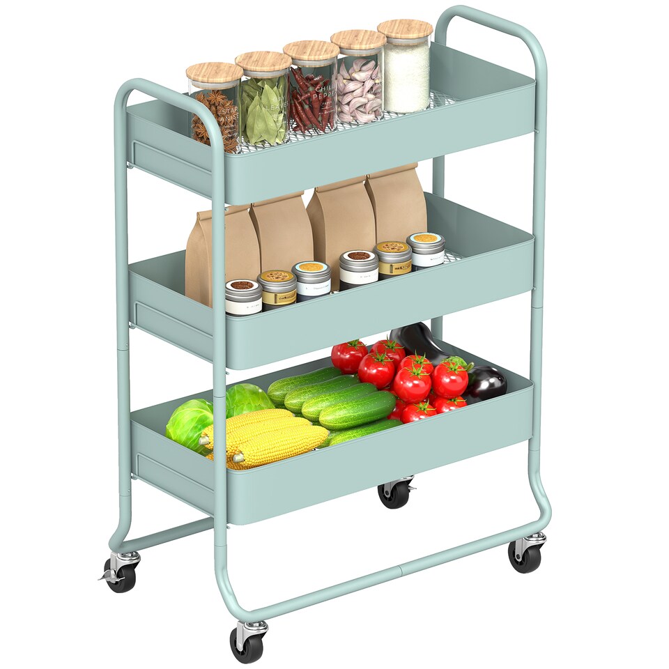 image 1 of HOMCOM 3-Tier Storage Trolley on Wheels, Rolling Utility Cart with Mesh Backets, Mobile Storage Cart for Kitchen, Bathroom, Bedroom, Light Green | Green | Green
