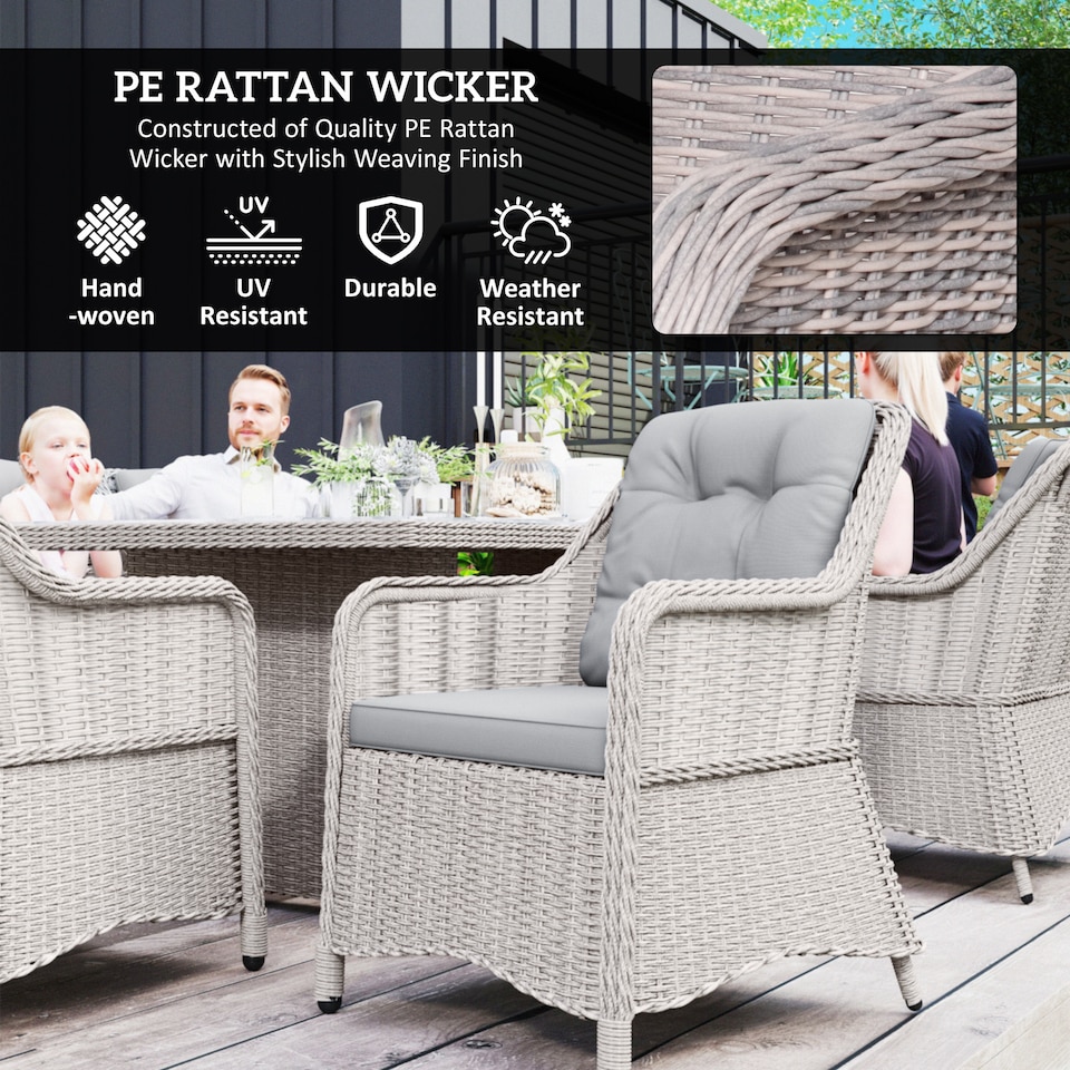 image 1 of Outsunny 6 Seater Rattan Dining Set, Luxury Round PE Rattan Garden Furniture Set with Cushions, Aluminium Outdoor Dining Table and Chairs with 6 Armchairs, Rectangle Glass Top Table, Grey