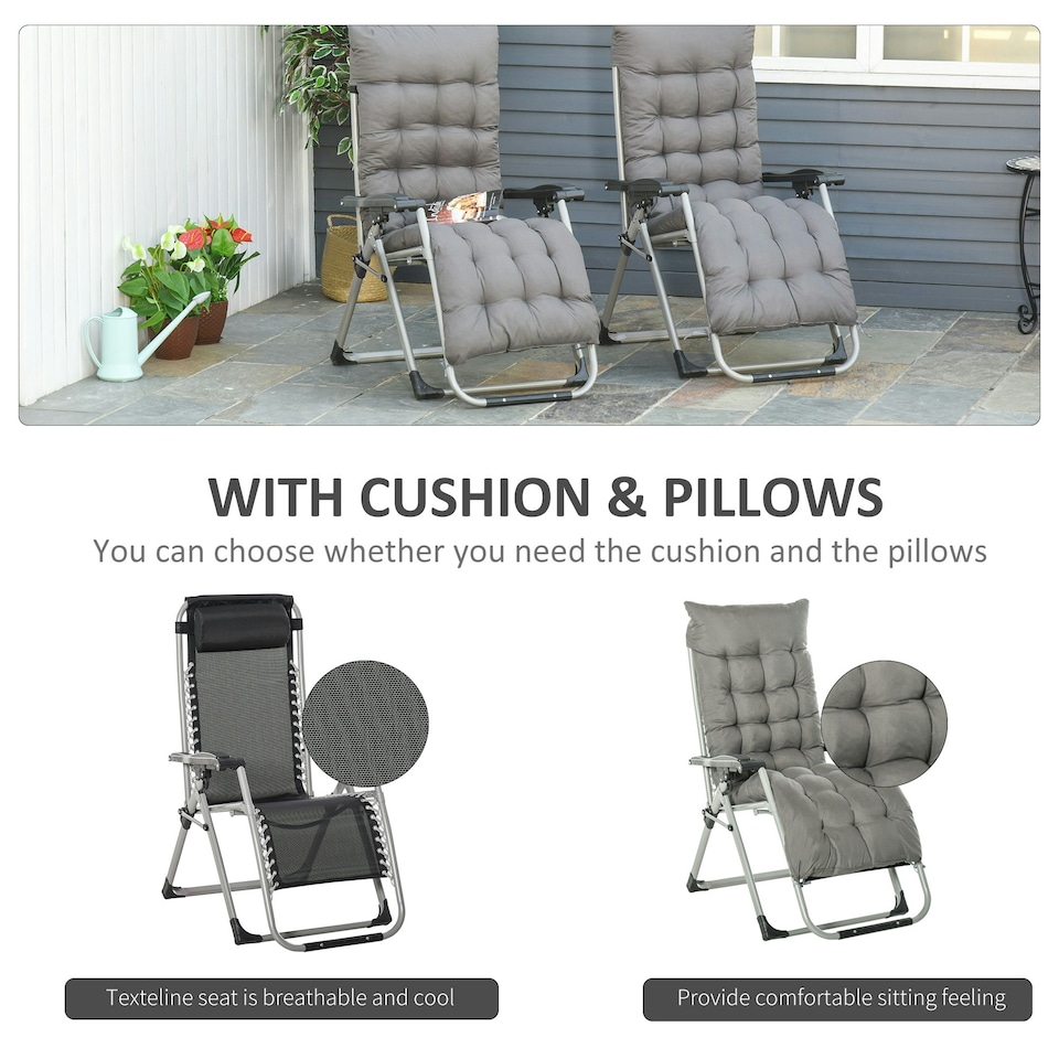 image 1 of Outsunny 2 PCS Reclining Zero Gravity Chair Folding Lounger Cushion Dark Grey