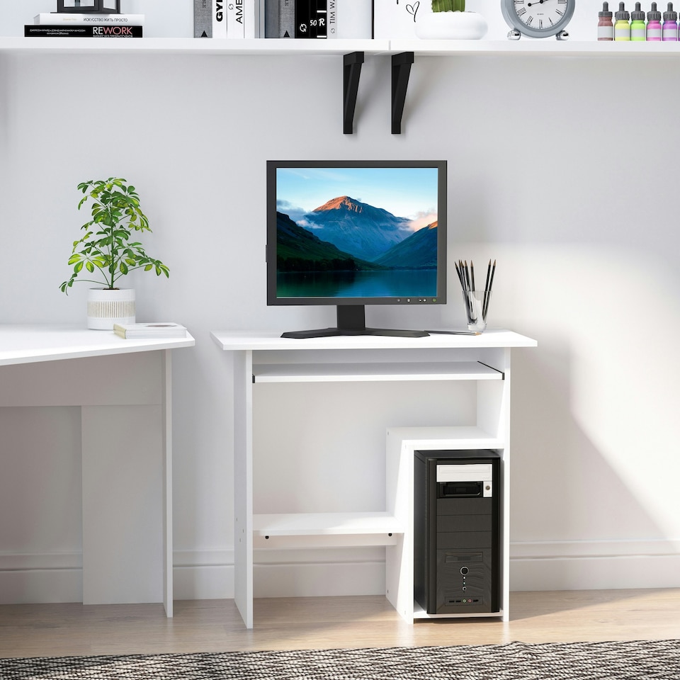 image 1 of HOMCOM Compact Small Computer Table Wooden Desk Keyboard Tray Storage White