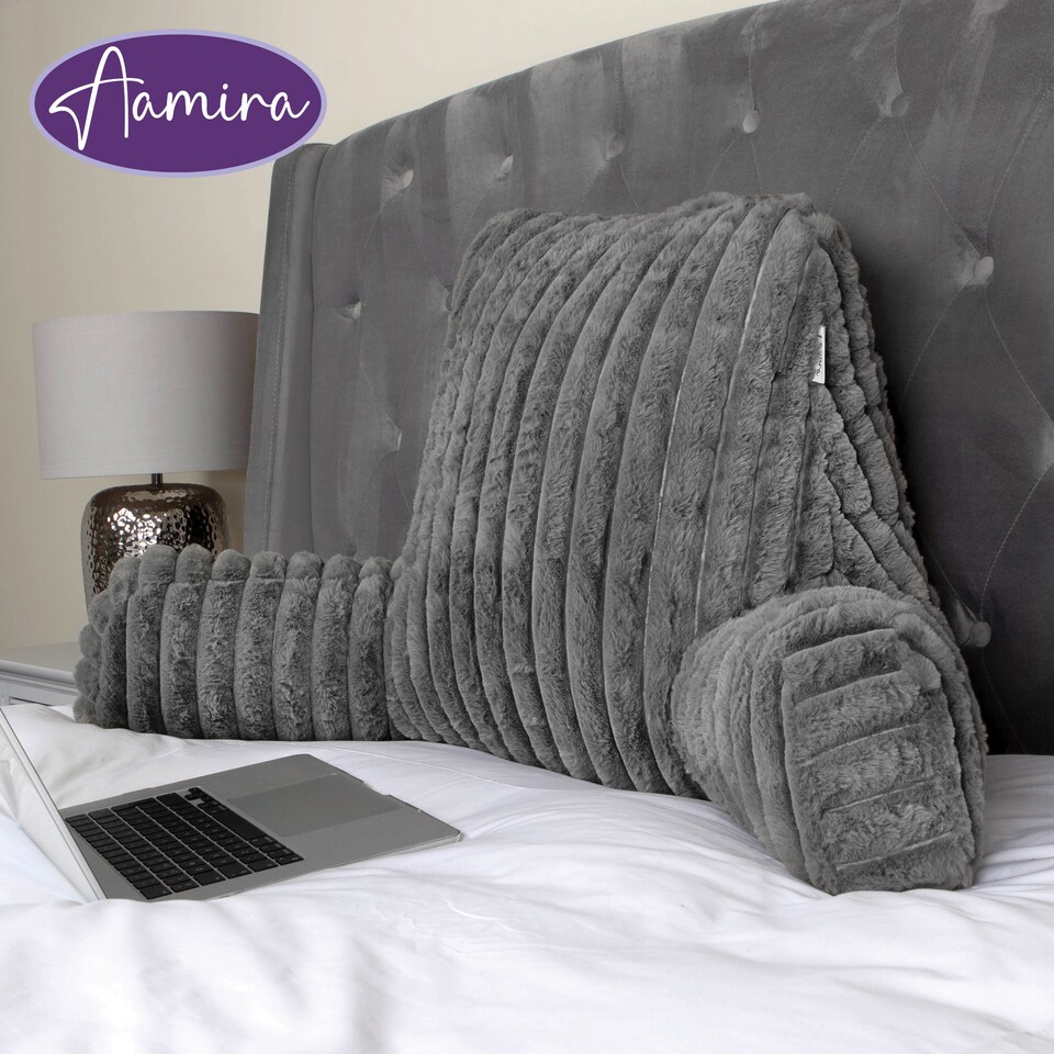 image 1 of Aamira Reading Pillow Grey Faux Fur Ribbed Memory Foam Support Cushion | Grey | Grey | Standard | 1