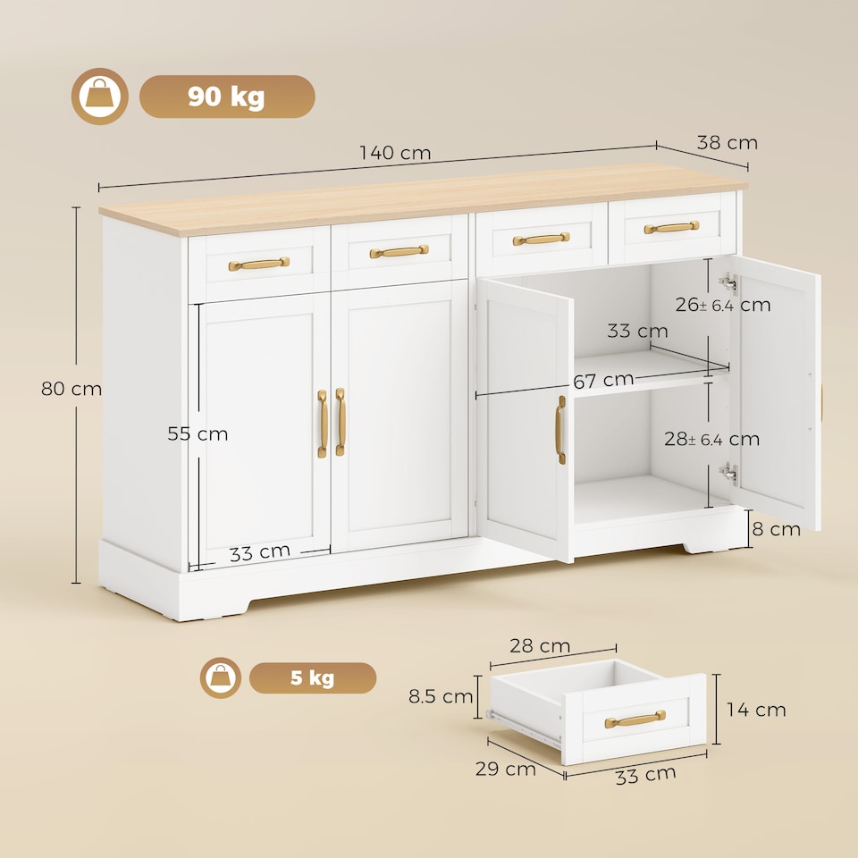 image 1 of HOMCOM Sideboard with 4 Drawers, 4 Doors and 2 Adjustable Shelves, White