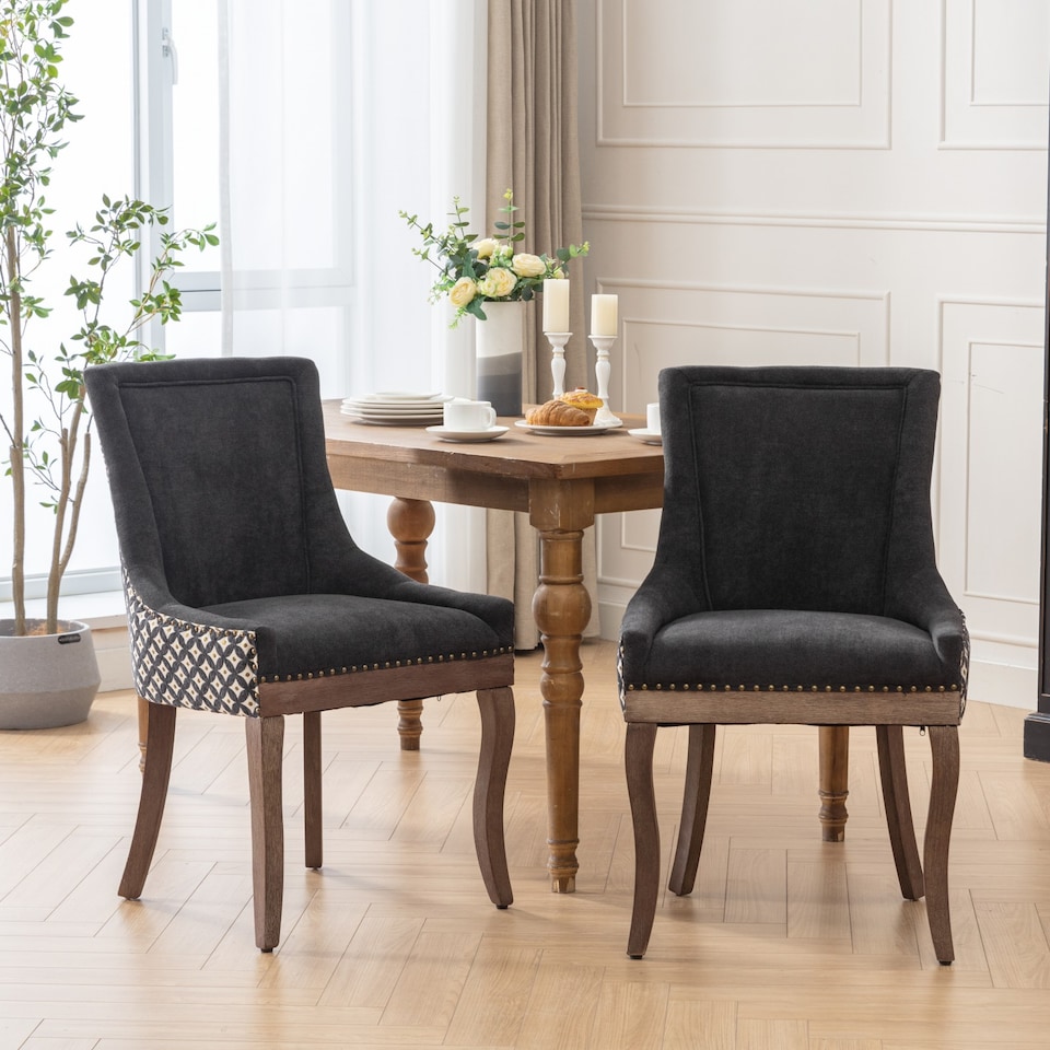 image 1 of Bewley Set of 4 Vintage Linen Upholstered Kitchen Dining Chairs with Oak Wood Legs