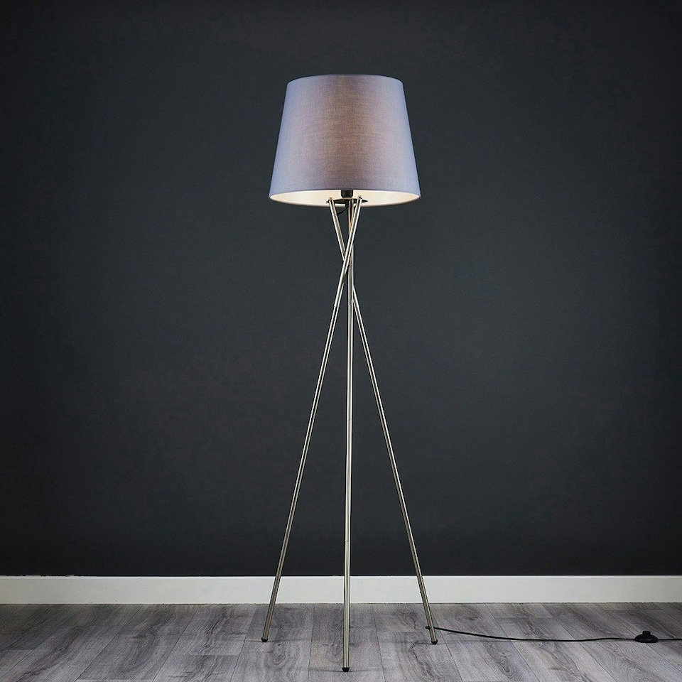 image 1 of ValueLights Camden Brushed Chrome Tripod Floor Lamp Grey Taper Shade & Bulb Grey