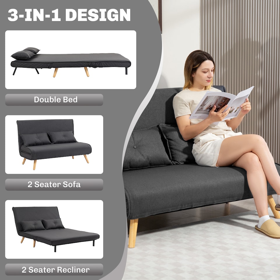 image 1 of HOMCOM 2 Seater Sofa Bed, Click Clack Convertible Bed Settee with Adjustable Backrest, Modern Linen Feel Fabric Recliner Sofa Couch with Pillows for Living Room, Bedroom, Guest Room, Charcoal Grey