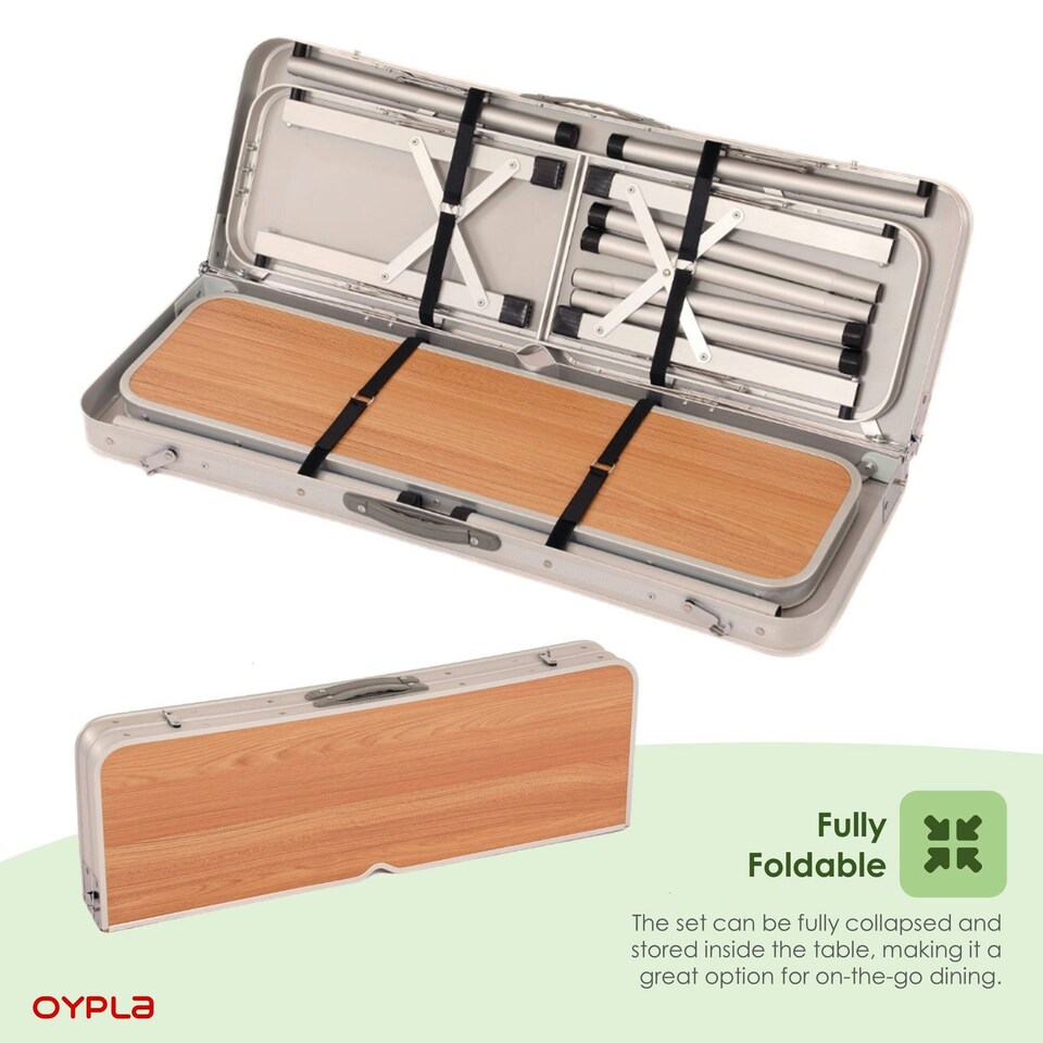 image 1 of Oypla 3ft Folding Outdoor Camping Kitchen Wood Effect Work Top Table and Benches Brown