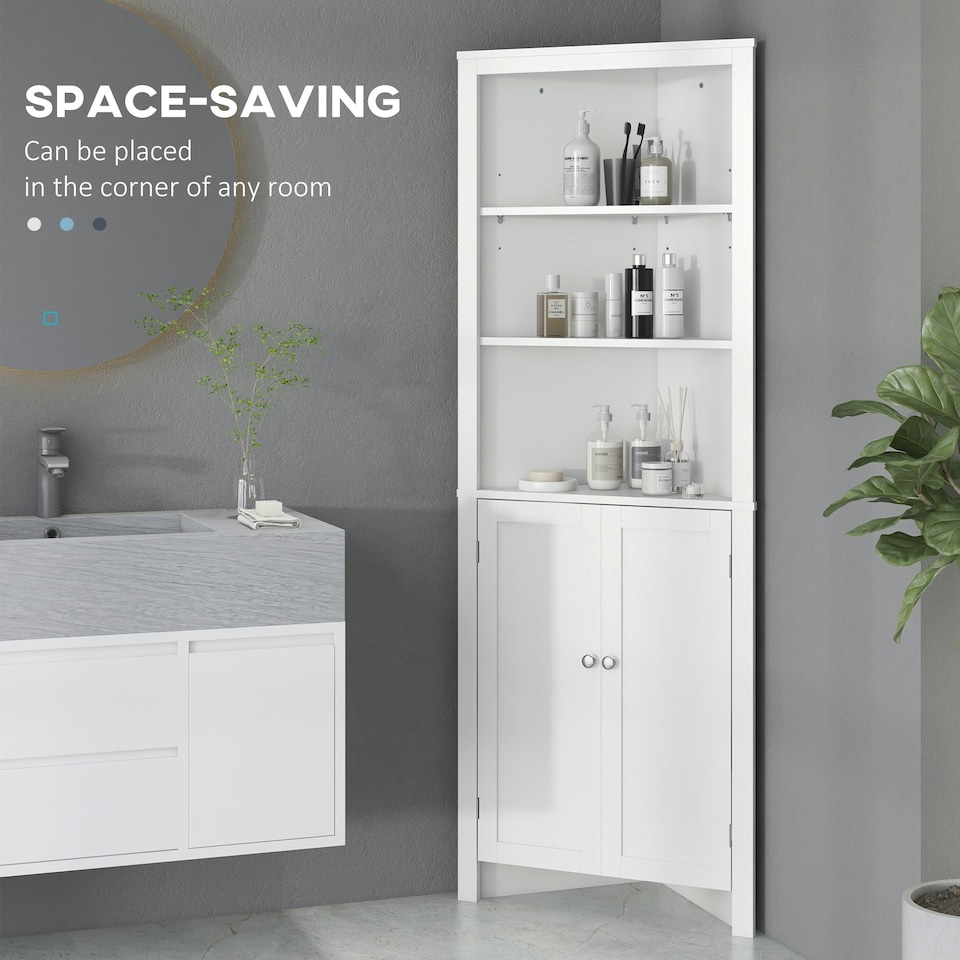 image 1 of kleankin Corner Bathroom Cabinet, Double Doors and Adjustable Shelves, White