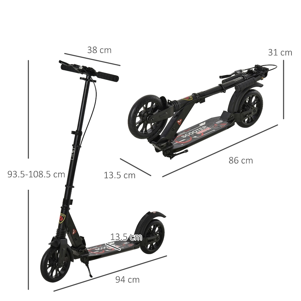 image 1 of HOMCOM Adult Teens Kick Scooter Fold Adjust 14+ w/ Rear Wheel&Hand Brake Black
