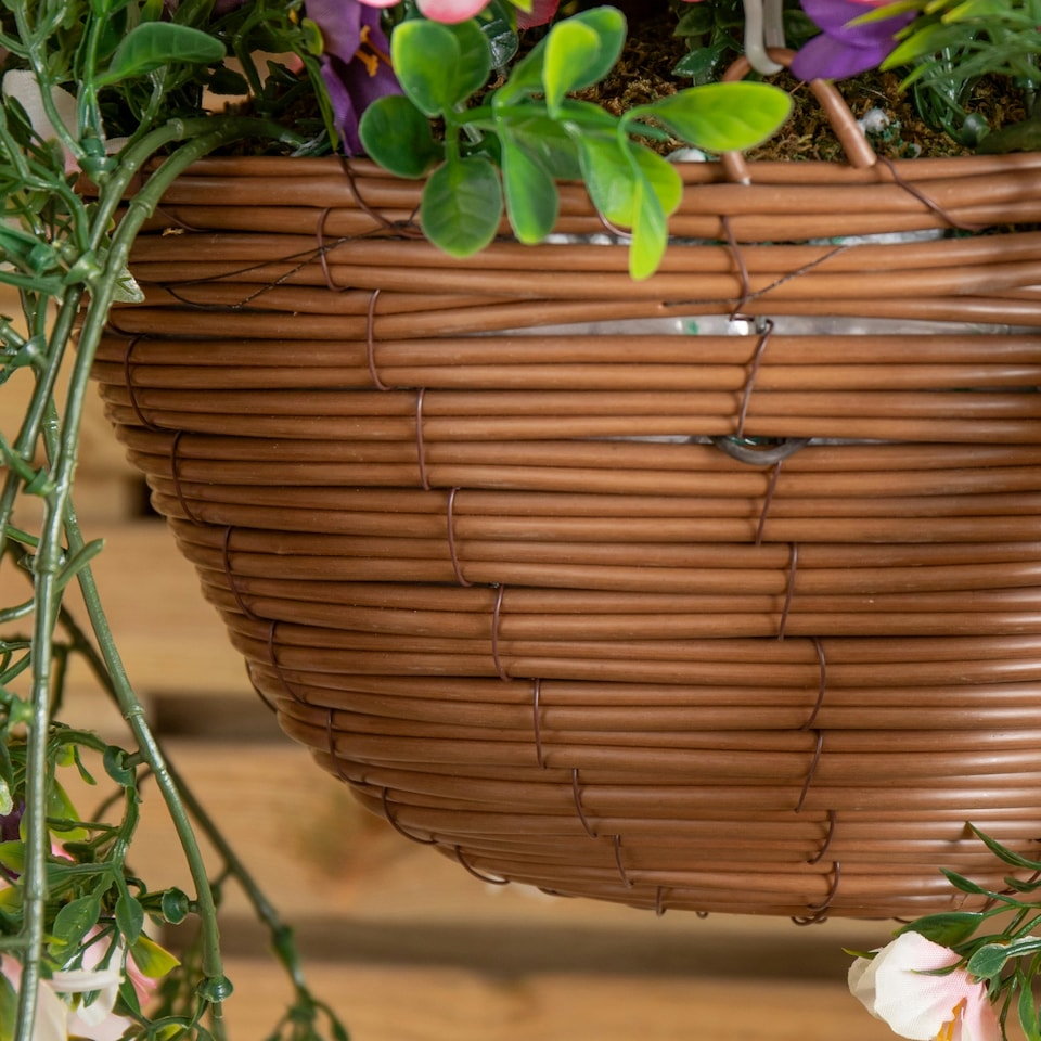 image 1 of Large Outdoor Artificial Hanging Flower Basket with Petunias and Removable Chain Brown
