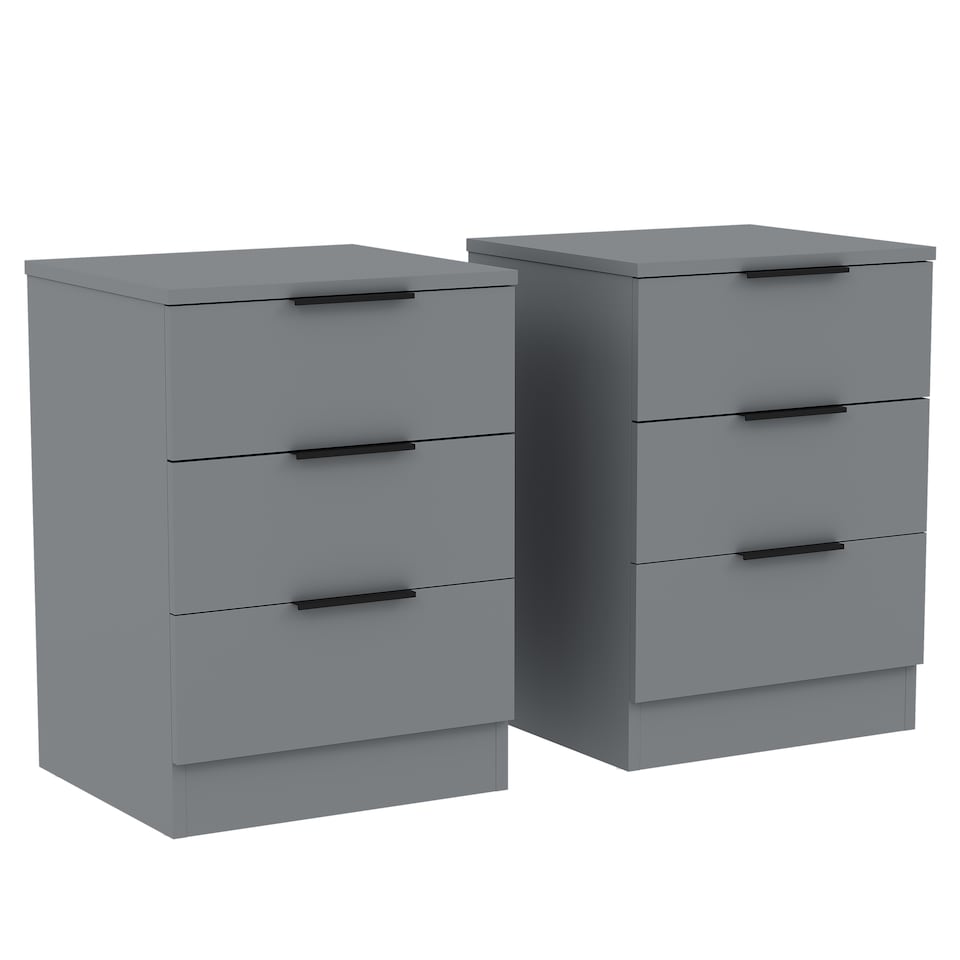 image 1 of Vida Designs Trega 3 Drawer Bedside Chest Bedroom Storage Unit, (H) 50cm x (W) 39cm x (D) 28cm, Grey, Set of 2