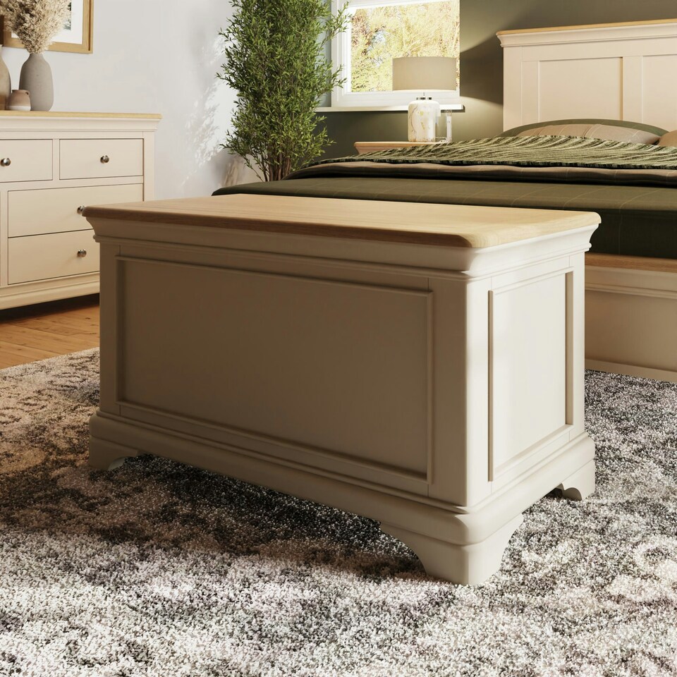 image 1 of Faire Ottoman Blanket Box in Putty with Oak Top Cream