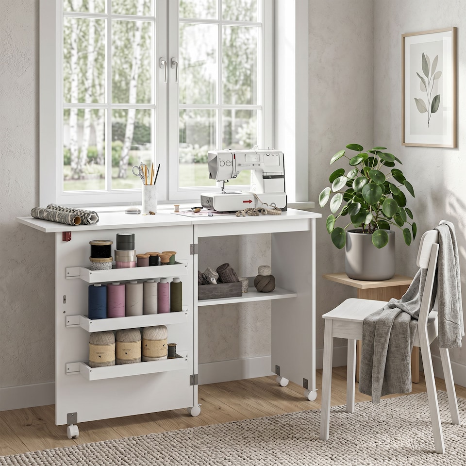 image 1 of HOMCOM Folding Sewing Table Rolling Craft Table with Drop Leaf Wheels White | White