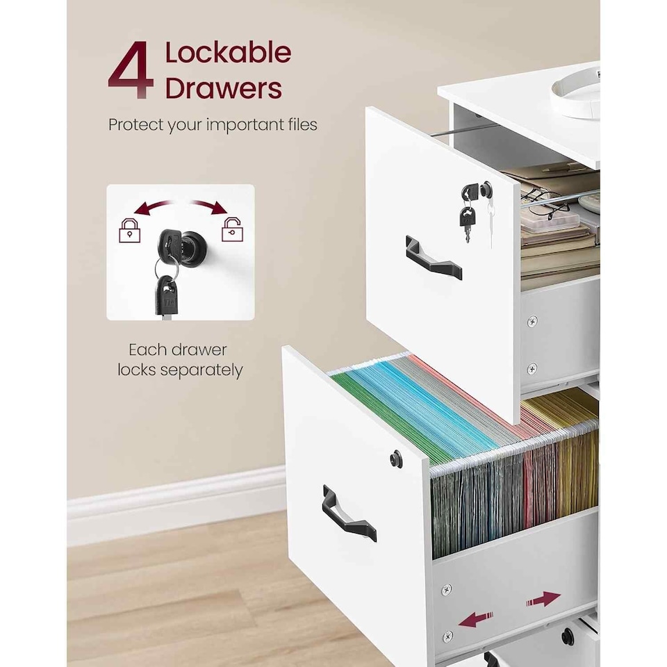 image 1 of Home Office File Cabinet with 4 Lockable Drawers, Printer Stand and Hanging File Storage, Cloud White
