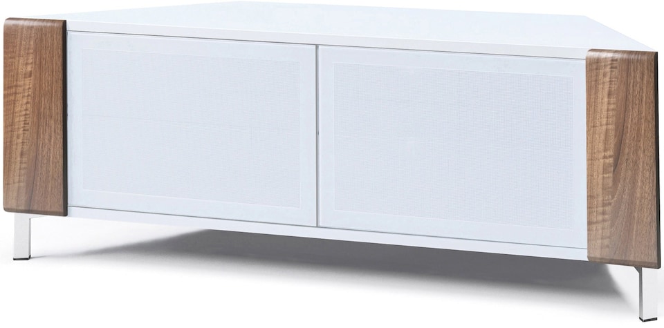 image 1 of MDA Designs CORVUS Corner-Friendly Gloss White Contemporary Cabinet with Walnut Profiles White BeamThru Glass Doors Suitable for Flat Screen TVs up to 50" | Multi | 1