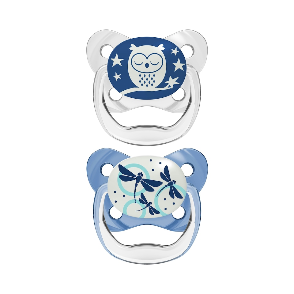 image 1 of Dr Brown's PreVent Glow in the Dark Butterfly Soother Stage 1 Twin Pack Blue