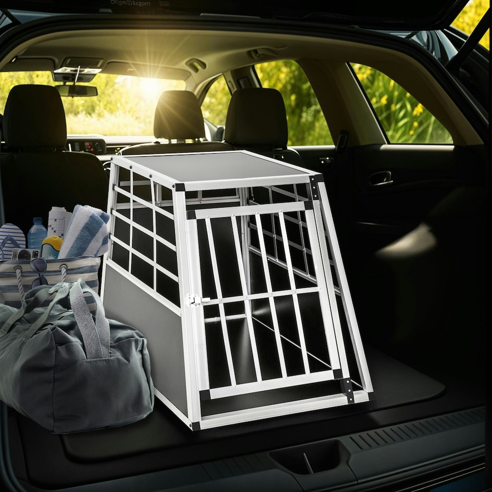 image 1 of Aluminium Pet Car Crate Travel Cage Dog Puppy Cat Transport Kennel 2 sizes - 90x65x69.5cm