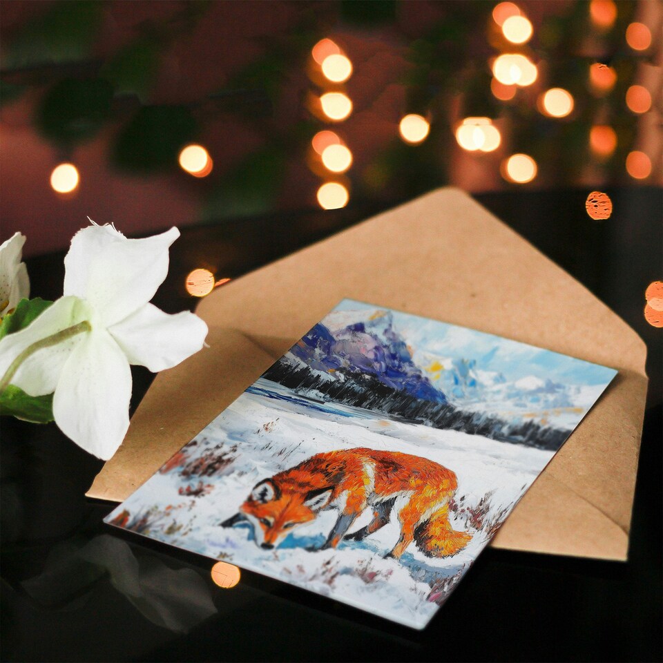 image 1 of Red Fox in Snowy Mountain Winter Landscape Birthday Greeting Card
