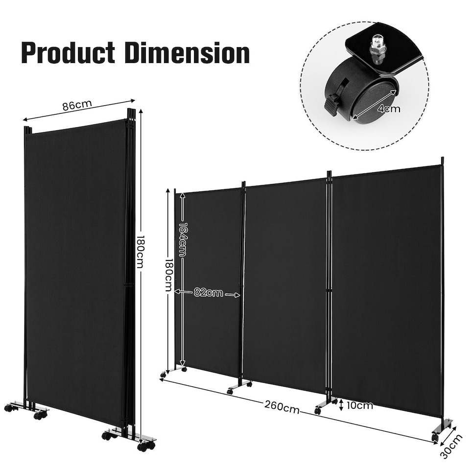 image 1 of COSTWAY 3 Rolling Privacy Screens Freestanding Panel Room Divider on Wheels Black