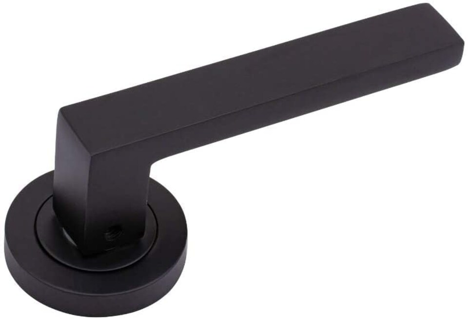 image 1 of Golden Grace 1 Pair Delta Bathroom Door Handles on Round Rose in Matte Black Finish with 1 Pair of Ball Bearing Hinges Mortise Lock and Matching Thumbturn | Black | 1 Set