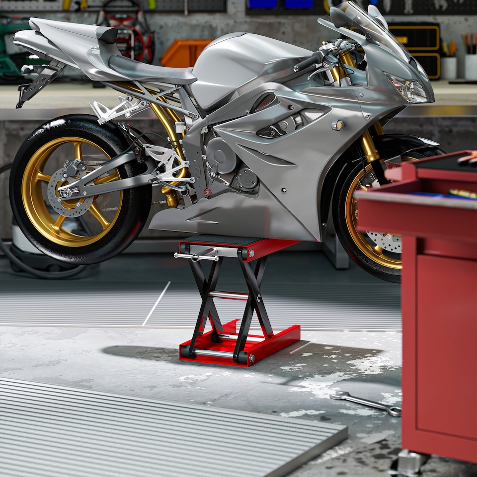 image 1 of DURHAND 500KG Motorcycle Lift Scissor Jack, Height Adjustable Motorbike Stand with Anti-Slip Wide Deck, Heavy Duty Steel Motorbike Repair Lift Hoist Stand for Home Garage, Red