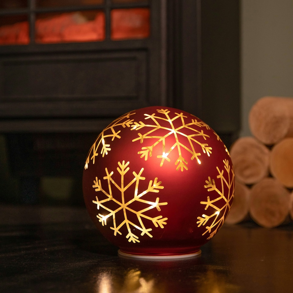 image 1 of 15cm Battery Operated Light up Snowflake Glass Ball in Red with Warm White LEDs
