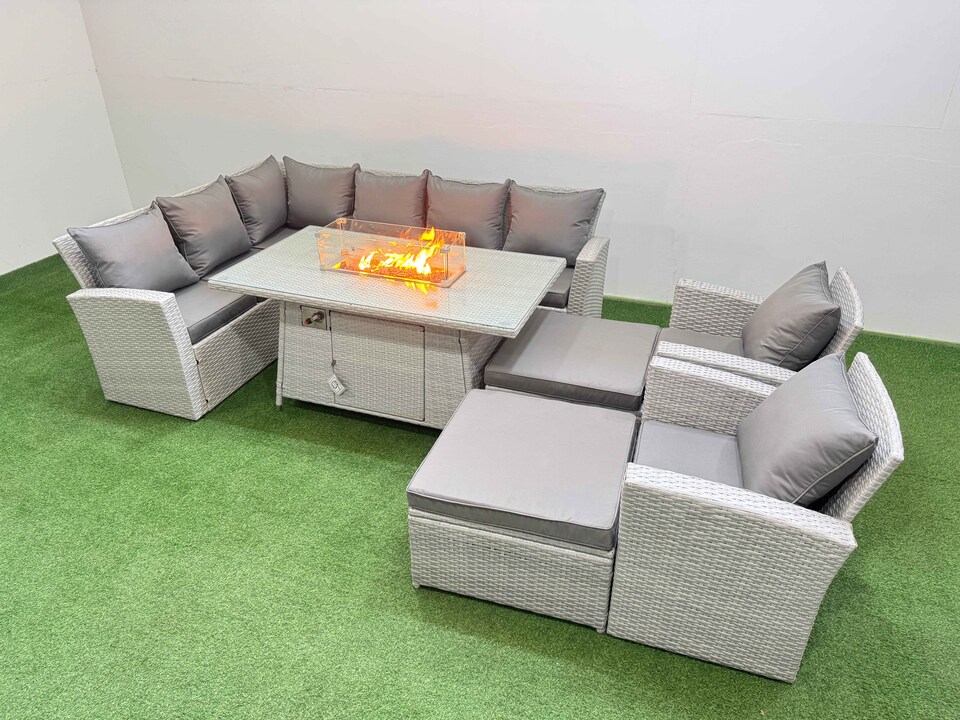 image 1 of Fimous Outdoor Furniture Garden Dining Set Rattan Corner Sofa Chair Sets Gas Fire Pit Table with Temper Glass Footstools 10 Seater Light Grey Mixed
