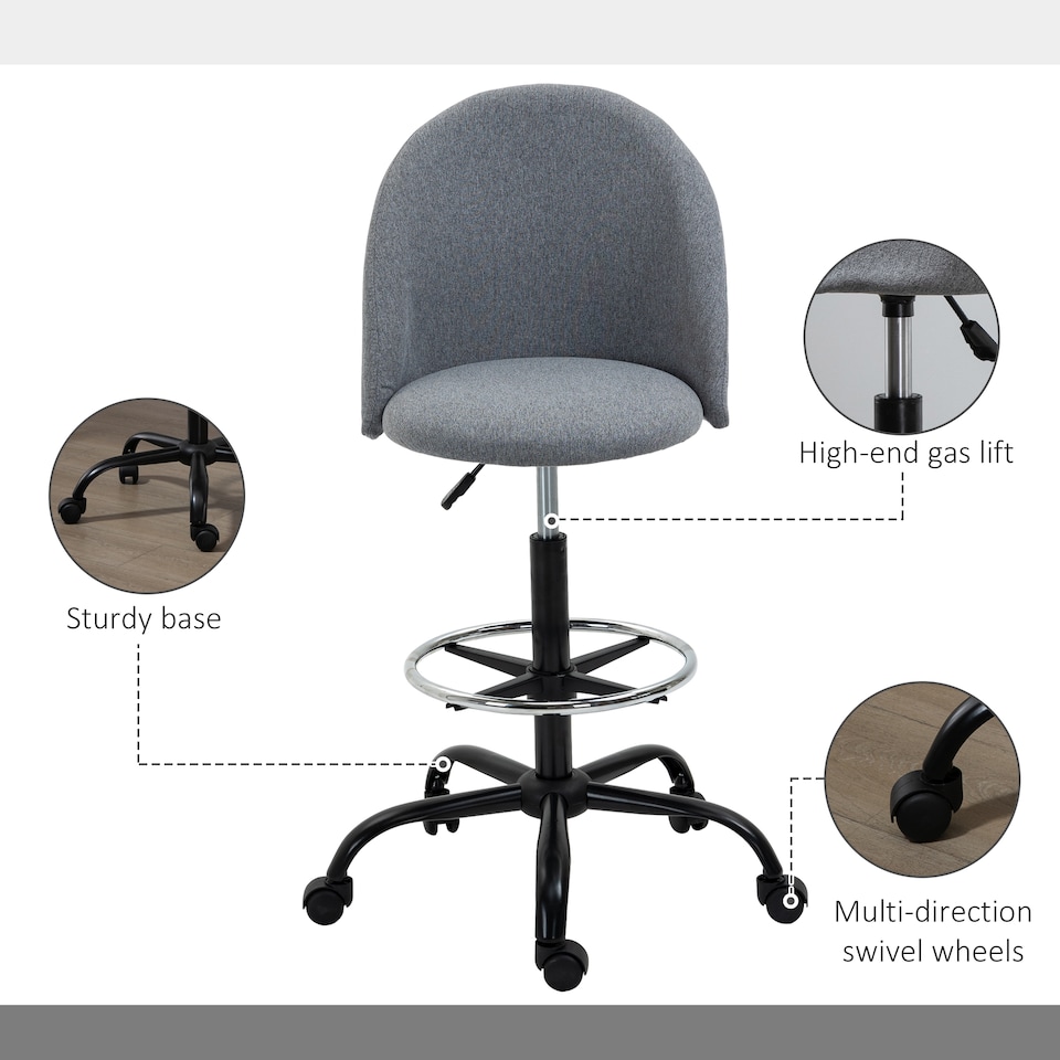 image 1 of Vinsetto Ergonomic Drafting chair Adjustable Height with 5 Wheels Padded Seat Footrest 360 Swivel Freely Comfortable Versatile Use For Home Office - Grey