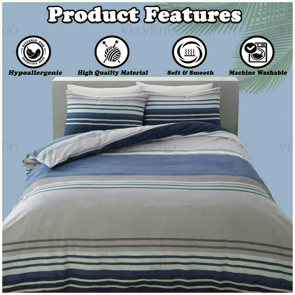 image 1 of VELVETIO Moxie Stripe Duvet Cover Set Reversible Polycotton Easy Care Beddings Blue | Single