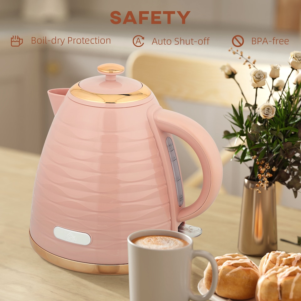 image 1 of HOMCOM Electric Kettle 1.7L, Fast Boil, 3kW Cordless Water Kettle with Removable Washable Anti-scale Filter, UK Otter Thermostat, Auto Shut-off, 360degree Swivel, BPA Free, Pink Water Ripple Texture