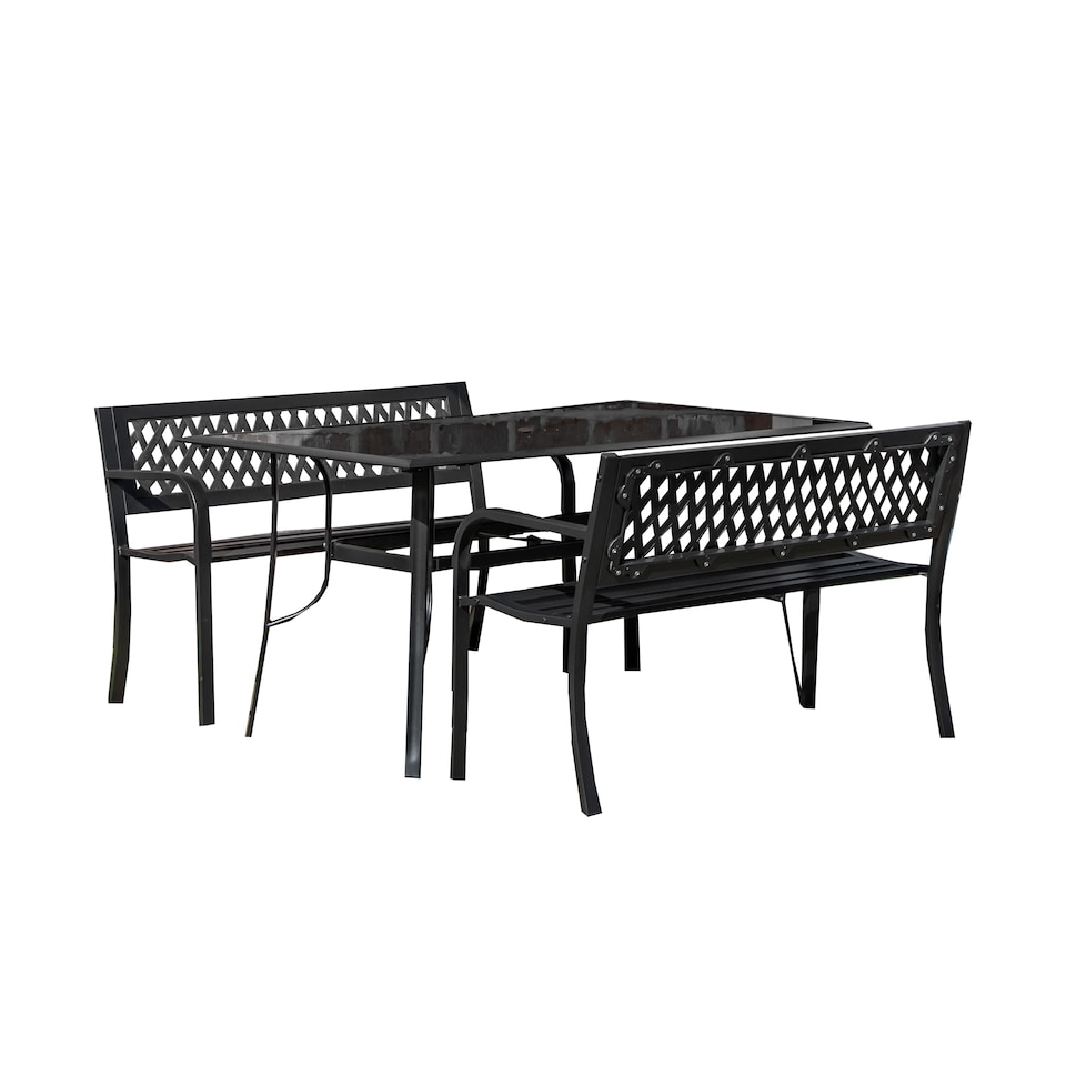 image 1 of Outdoor 4 Person Rectangular Glass Top Garden Dining Table and 2 Benches Set