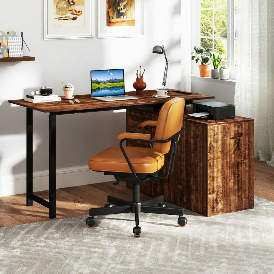 image 1 of COSTWAY L-Shaped Desk Reversible Corner Computer Desk Coffee Brown