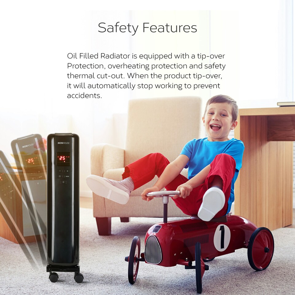 image 1 of MONHOUSE 2500W Digital Oil Filled Radiator - Portable Electric Heater with LED Display & Adjustable Thermostat, Remote Control, Overheat Safety Cut Off - Black